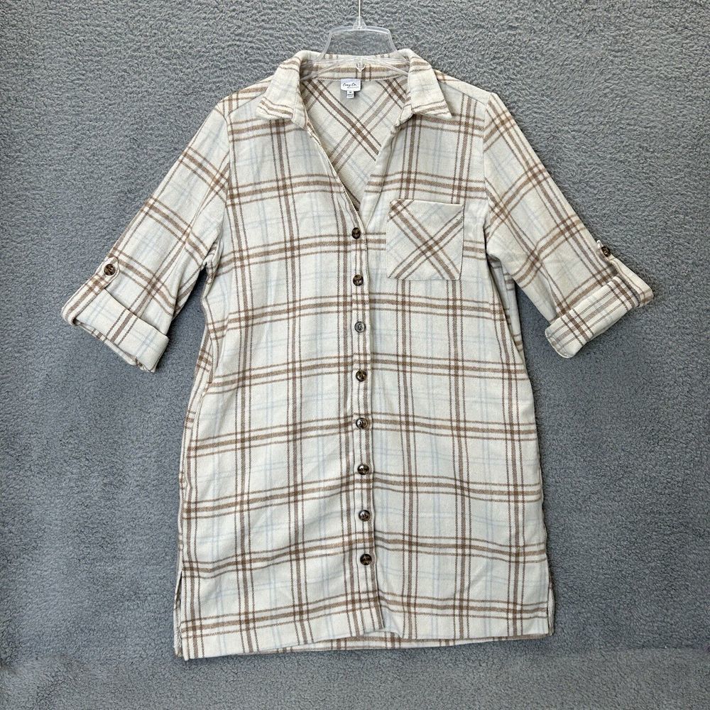 Cozy Co Shirt Women Medium Ivory Plaid Button Up Tunic Lightweight‎ Shacket